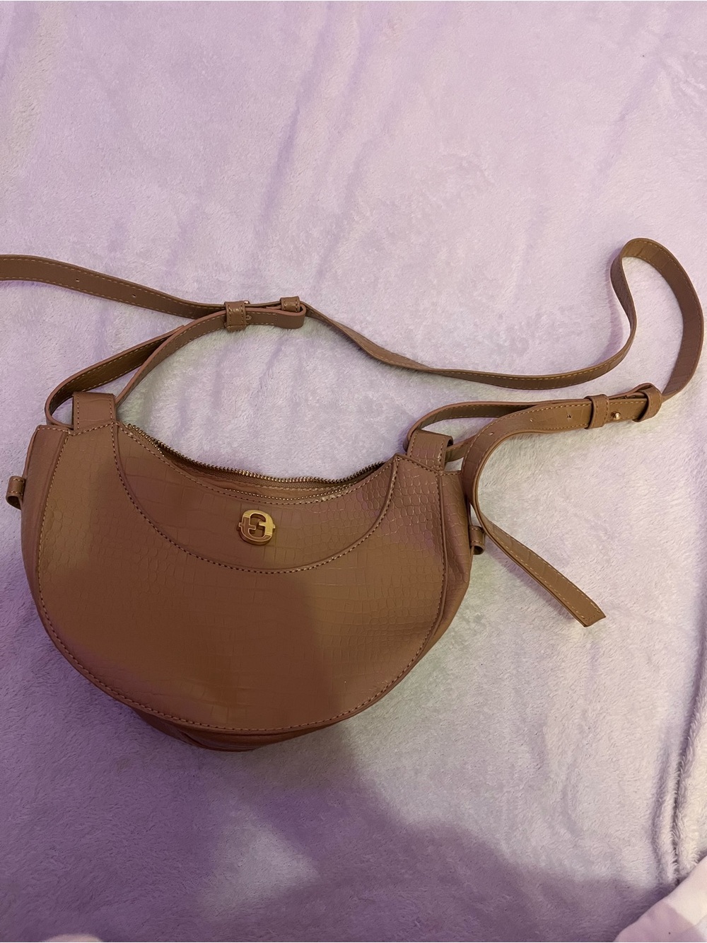 Textured Crescent Crossbody Bag with Gold-Tone Accent in Tan